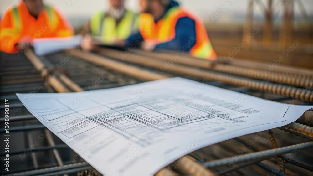 Poster a medium closeup of workers clad in safety gear discussing plans over a blueprint sprawled on a stee