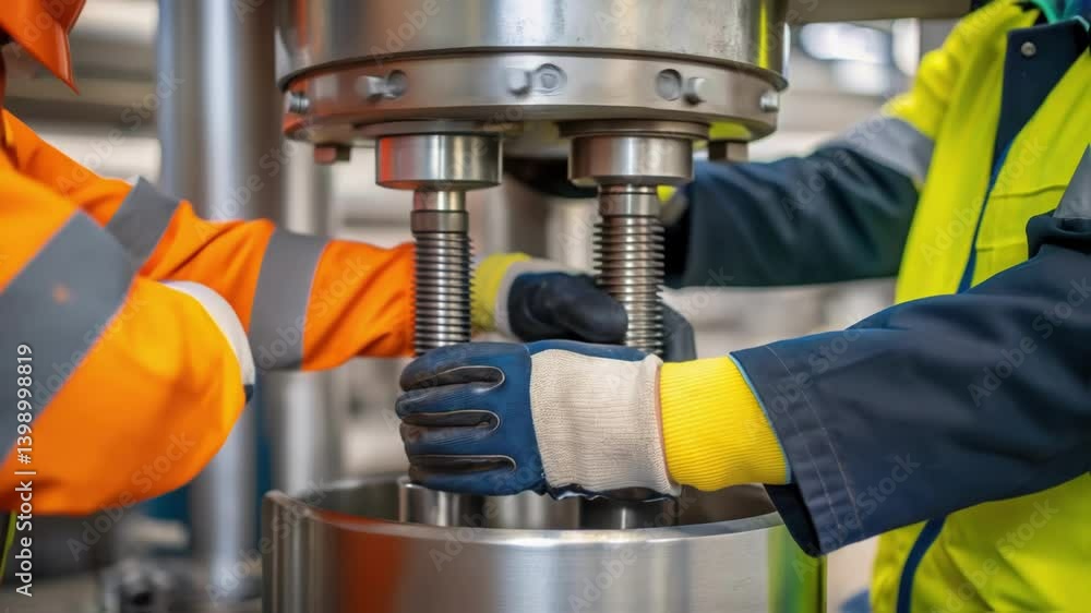 Poster a medium closeup of workers in safety gear collaborating to tighten bolts on the mixers chassis show
