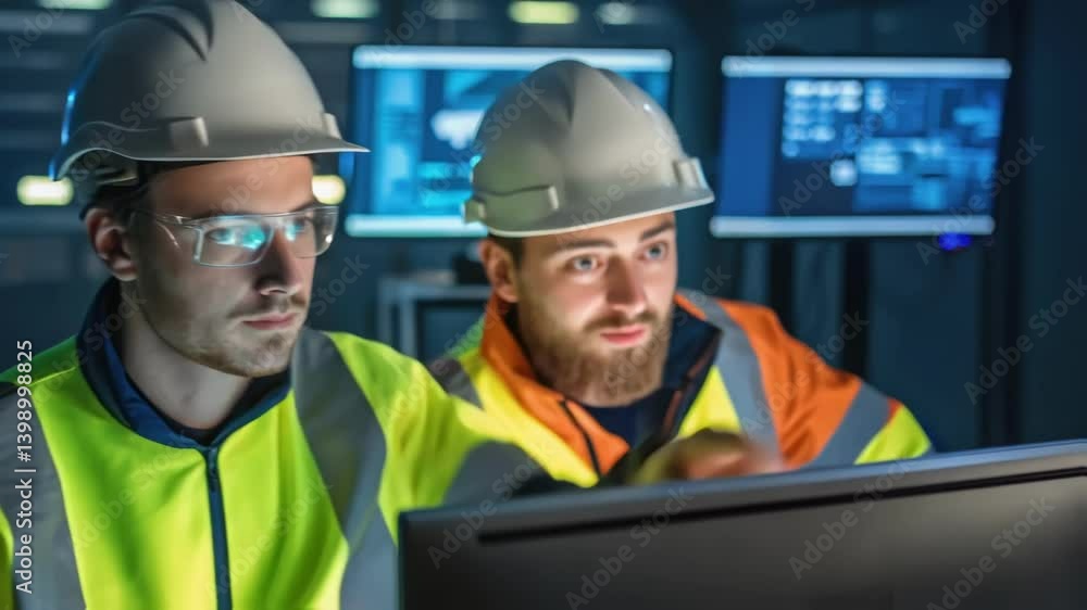 Aufkleber A medium closeup of workers donning safety gear as they program and interface with digital controls emphasizing their focused expressions and the light from the screens reflecting
