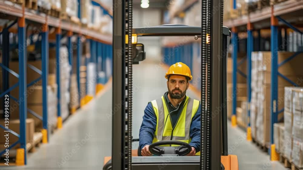 Poster a medium closeup perspective showing a warehouse worker in safety gear guiding a forklift as it navi