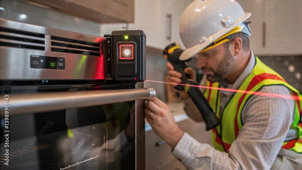 Aufkleber A medium closeup shot of a worker using a laser level to ensure precise alignment of the oven illustrating quality control during the installation process.