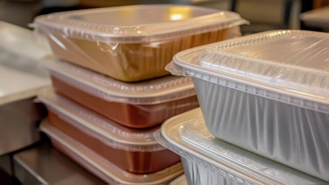 A medium closeup shot of freshly sealed plastic wrapping around containers capturing the shiny texture and tight fit showcasing the effectiveness of heat sealing technology.