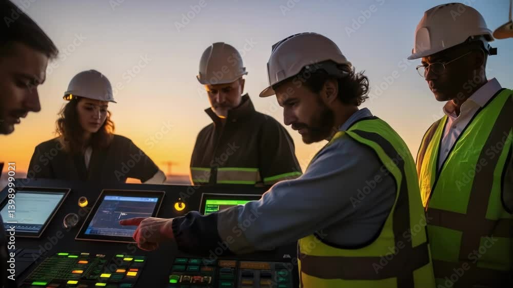 Poster A medium shot of a maintenance team gathered around a control panel discussing readings on digital displays with the sun setting in the background casting shadows on their faces.