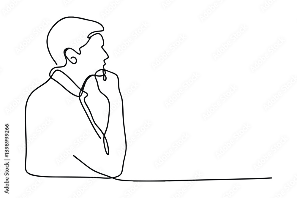 Poster continuous line drawing of a pensive man resting chin on hand in thoughtful pose minimalist artwork 