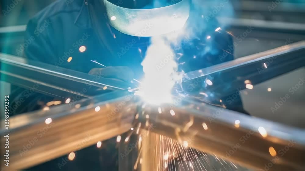 Poster an operator adjusting a meticulous bead of weld on a metal frame with close attention to detail show