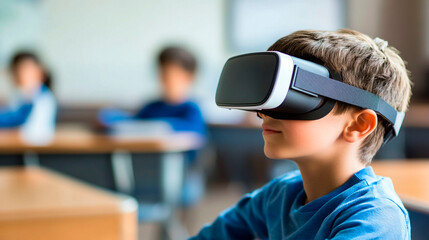 A young boy is wearing a virtual reality headset in a classroom setting, exploring immersive digital experiences with innovative technology.
