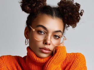 Curly-haired person with glasses wearing an orange sweater, resting their chin on their hand, with a neutral expression. Hoop earrings adorn their ears