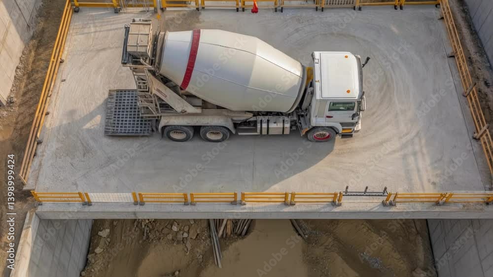 Poster an overhead shot focusing on the spinning drum of a concrete mixer truck with fresh concrete being p