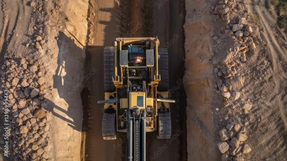 Poster An overhead shot of a laborer operating a large rugged cablelaying machine with intricate machinery details visible casting shadows on the freshly dug trench filled with soil and
