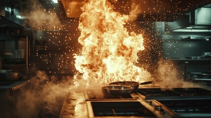 A dramatic close-up view of a kitchen fire engulfing a wok or large cooking vessel on a commercial stove.