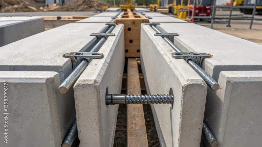 Aufkleber Assembly of Structural Sections A medium closeup showing two precast concrete sections being joined together with steel connectors emphasizing the engineering behind structural
