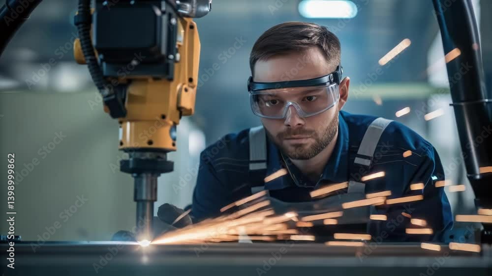 Poster a technician dons safety goggles focusing intently as they test the functionality of a sophisticated