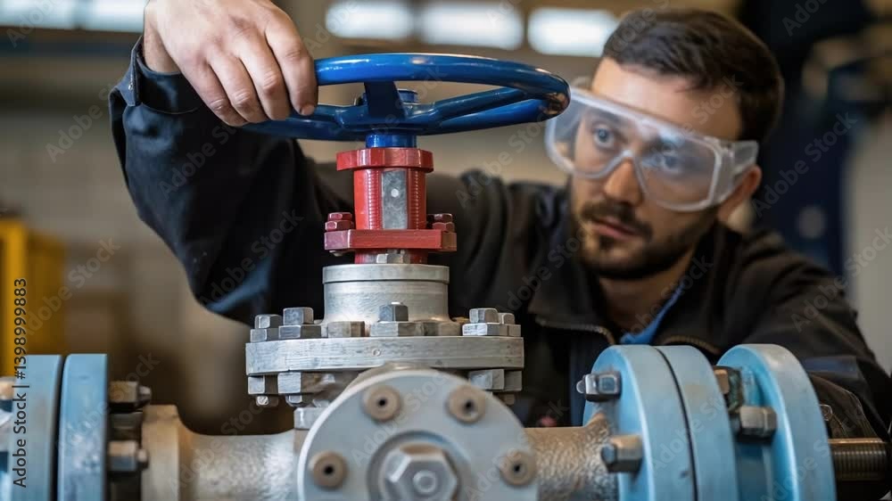 Aufkleber A technician wearing protective goggles examining a complex valve deep in concentration as they check for consistency and strength.