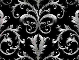 Obraz premium Elegant silver floral pattern with intricate swirling leaf designs, creating a luxurious and ornate appearance. The detailed decoration features soft, flowing curves and symmetrical shapes