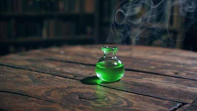 A mysterious, dimly lit library with vintage bookshelves and a glowing green potion on a round table, captured from a low-angle video shot.