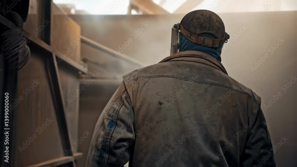 Aufkleber A worker in action captured from the waist up focusing intensely on the target area while sandblasting with protective gear visibly dirty from ongoing refurbishment work.
