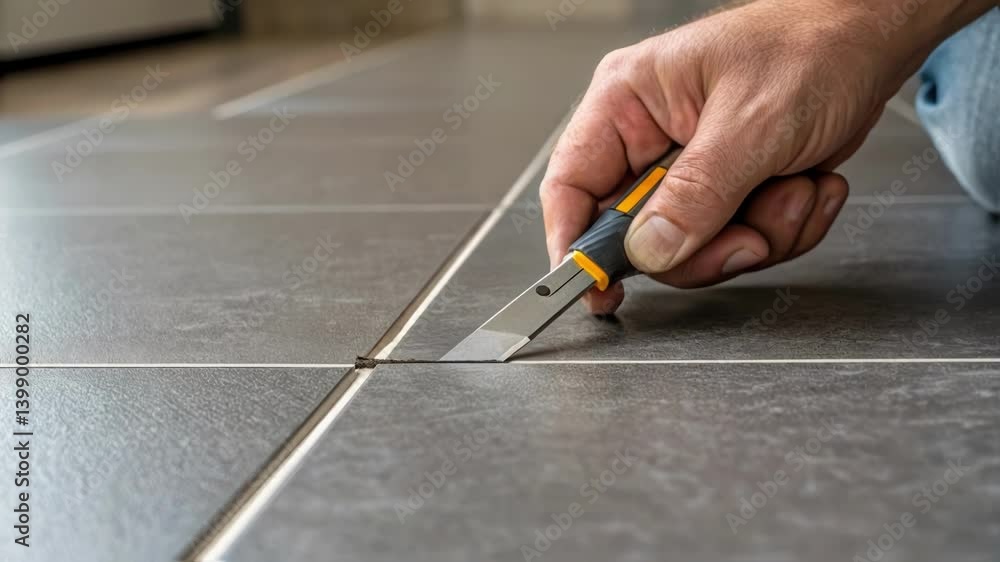 Aufkleber Closeup of a hand gripping a utility knife poised to trim excess material from the edge of a flooring tile sharp blade gleaming against the backdrop of the floors texture.