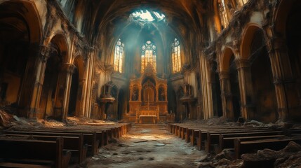 Obraz premium Sunlight Streaming Through Ruined Interior Illuminating Dusty Pews and Gothic Architecture in