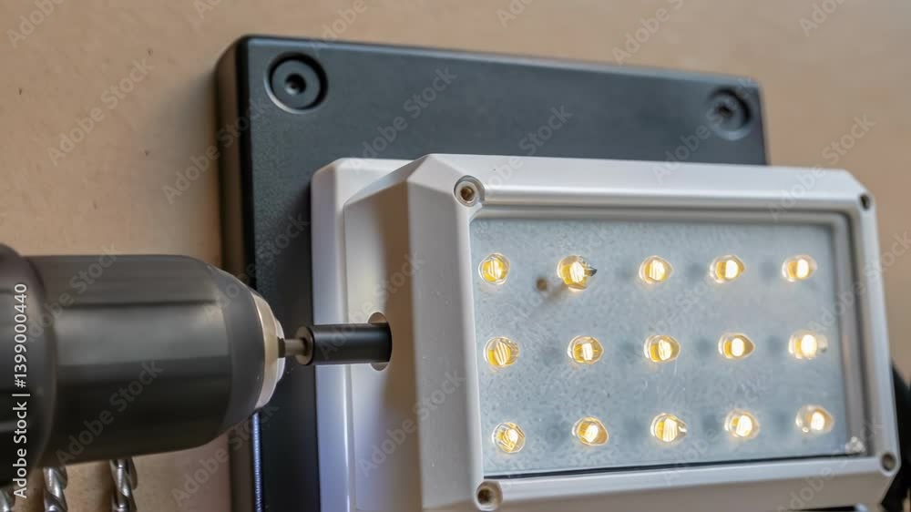 Poster closeup of a screwdriver tightening a mounting bracket to secure an led light fixture to a wall with