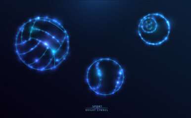 Futuristic illustration of three bright sports balls with neon blue effect on a dark background: tennis, volleyball and billiards. Bright digital design perfect for sports and technology themes.