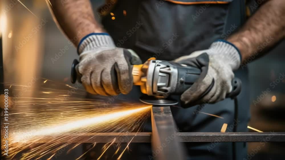 Poster Closeup of a workers hands tightly gripping a power tool showcasing the strength and control required for ting through thick metal.
