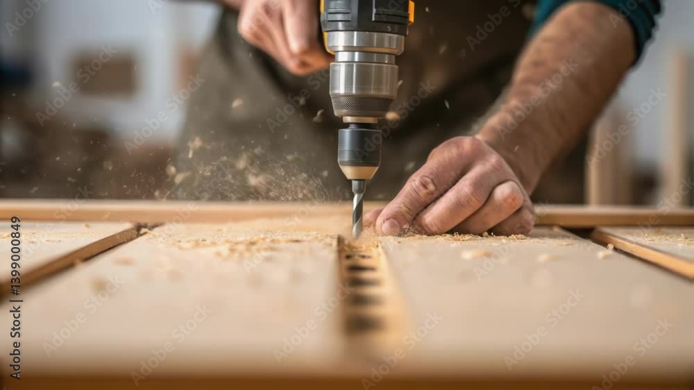 Poster closeup of a workers hands using a pneumatic drill to attach floor panels showcasing the tools intri
