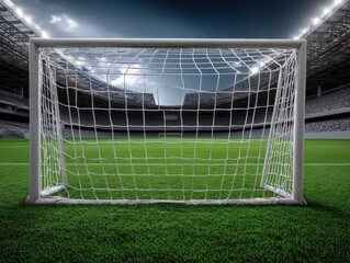 Soccer goal in the foreground on lush grass within a large, empty stadium. Stadium has rows of seats, overcast sky, and artificial lights illuminating the scene