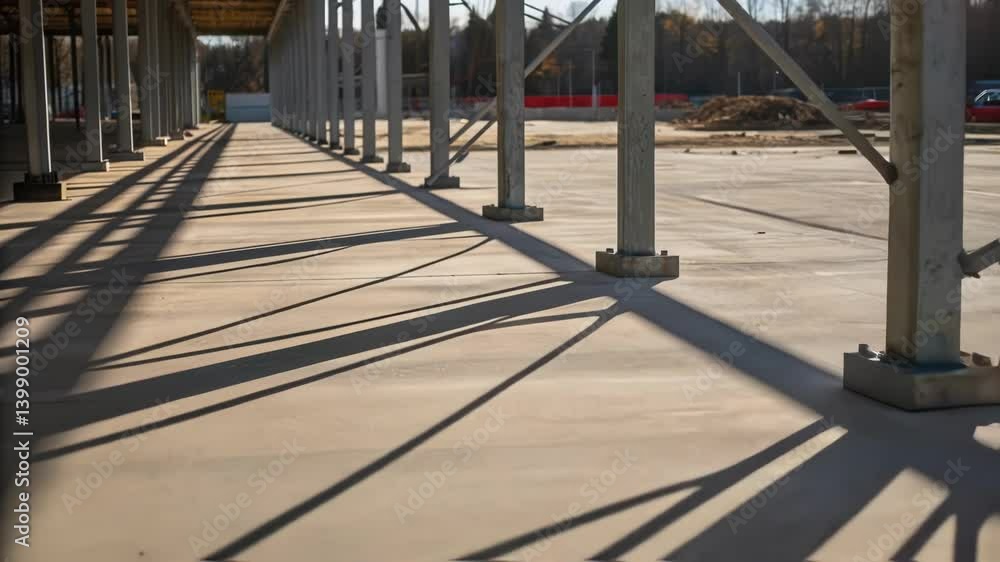 Poster Closeup of the shadows cast by the towering prefabricated supports on the ground offering a stark contrast between light and structure and capturing the scale of the project.