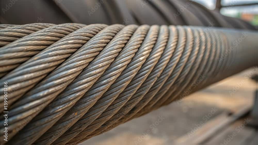 Poster Closeup of the textured surface of a steel cable displaying the distinct spiral pattern and its robust industrial design.