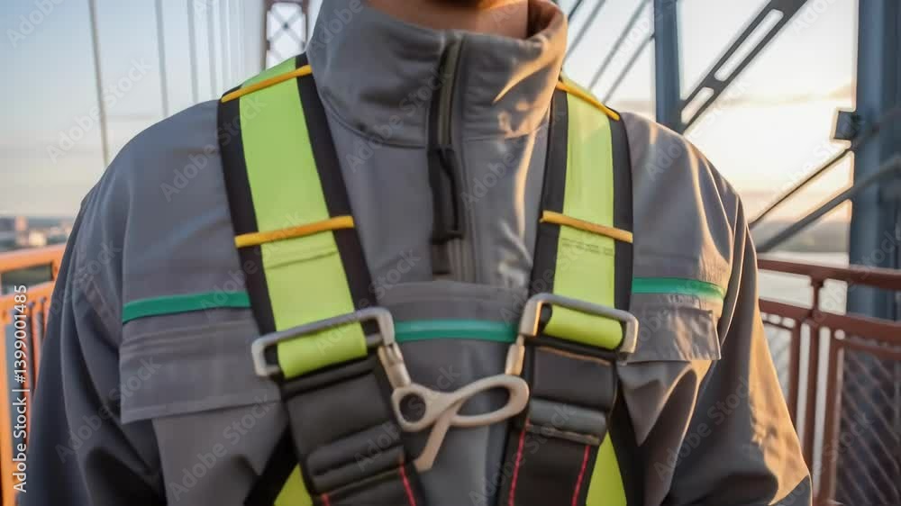 Aufkleber closeup shot of a safety harness secured on a worker emphasizing precautions taken during the instal