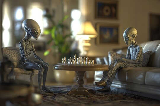 In a room lit solely by the soft glow of candles, an extraterrestrial entity was deeply focused on its chess game