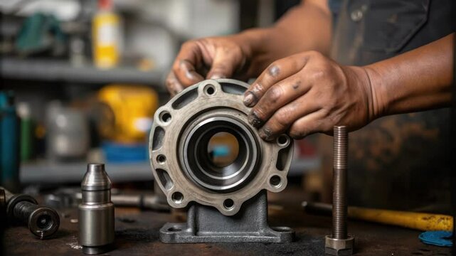 Hands working with precision to replace a wornout gasket on a large industrial pump with oil smudges and tools in the blurred background.