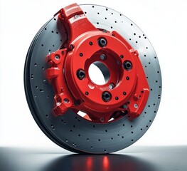High-Performance Car Brake System with Red Caliper and Polished Disc