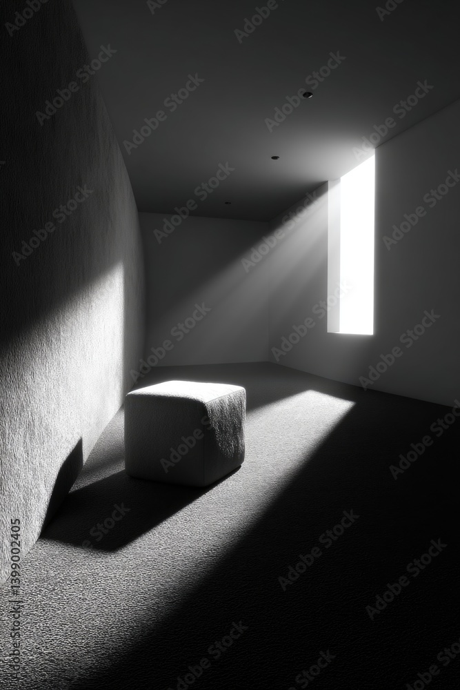 Poster a minimalist monochrome 3d room setting with soft shadows and bright highlights. the area is accentu