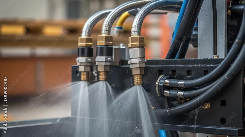 Aufkleber Medium closeup of a hydraulic system in operation with hoses visibly expanding and contracting capturing the dynamic movement and pressure effects.