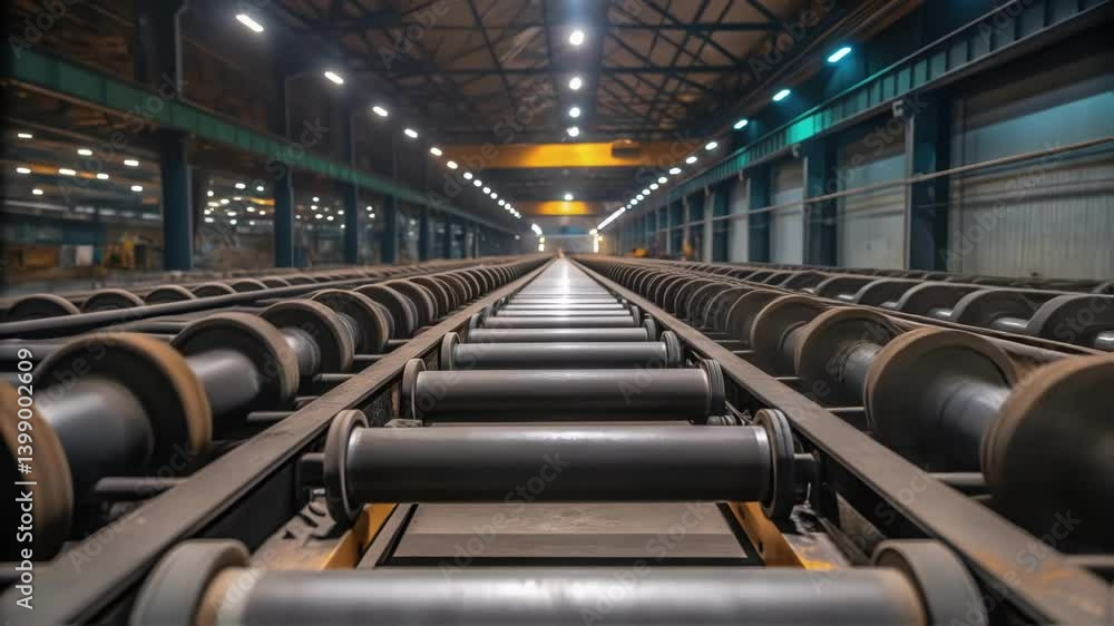 Poster medium closeup of an assembly area filled with rolls of heavyduty conveyor belts highlighting the in