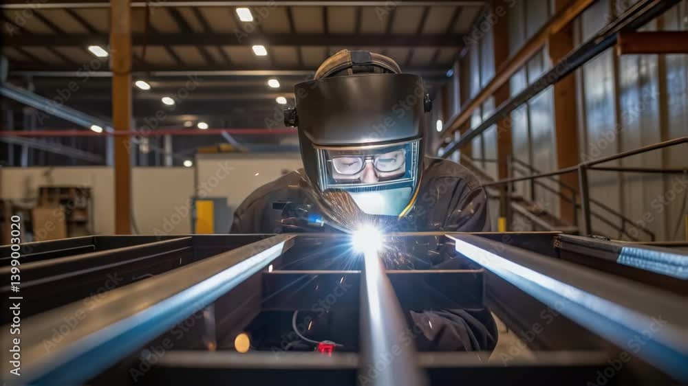Poster Medium closeup of a worker inspecting welds with a flashlight ensuring quality control in the fabrication process.