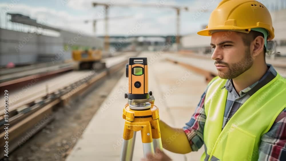 Poster Medium closeup of a worker scanning the area with a level tool ensuring the ground is perfectly aligned for the construction of the stations platforms.