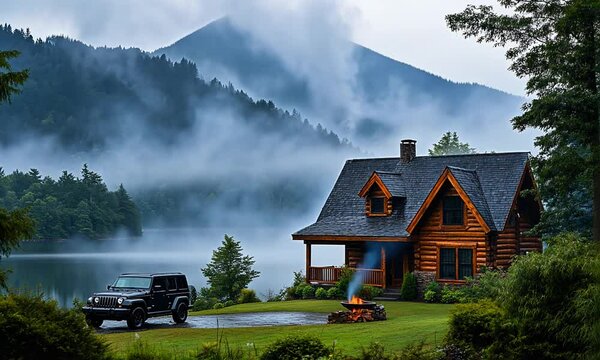 Tranquil lakeside cabin with a fire pit and mountain backdrop