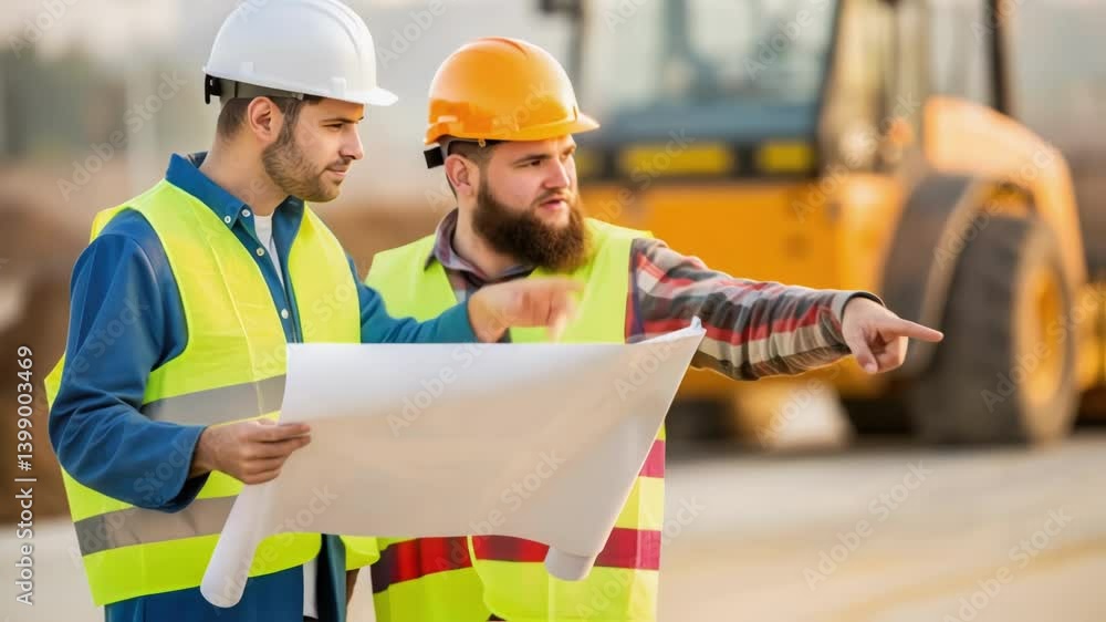 Poster medium closeup of two workers discussing plans beside a steamroller with focus on their safety helme