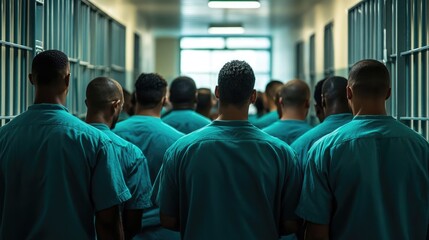 Inmate Line Walking Through Prison Corridor