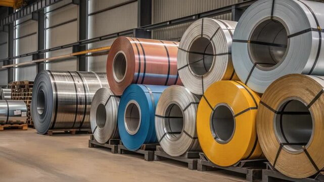 Medium closeup of various steel coils stacked on a rack varying in size and color providing a visual contrast of different stages in processing.