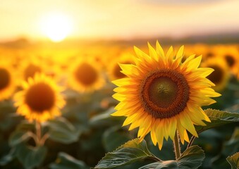Obraz premium Golden sunflower field at sunset