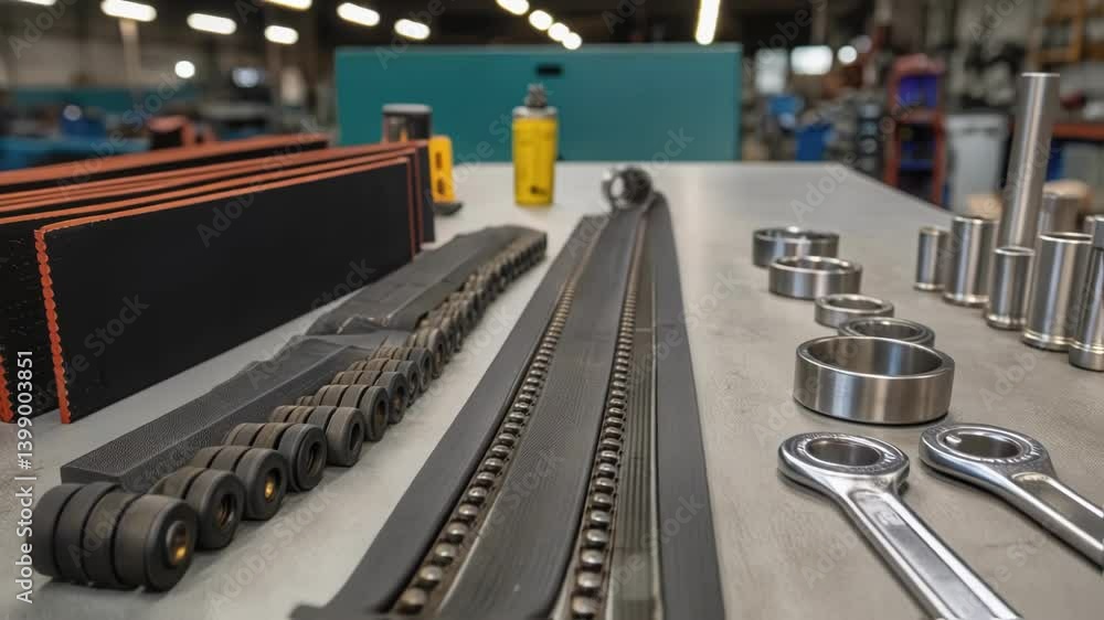 Aufkleber workbench cluttered with tools and replacement parts for conveyor maintenance including wrenches bea