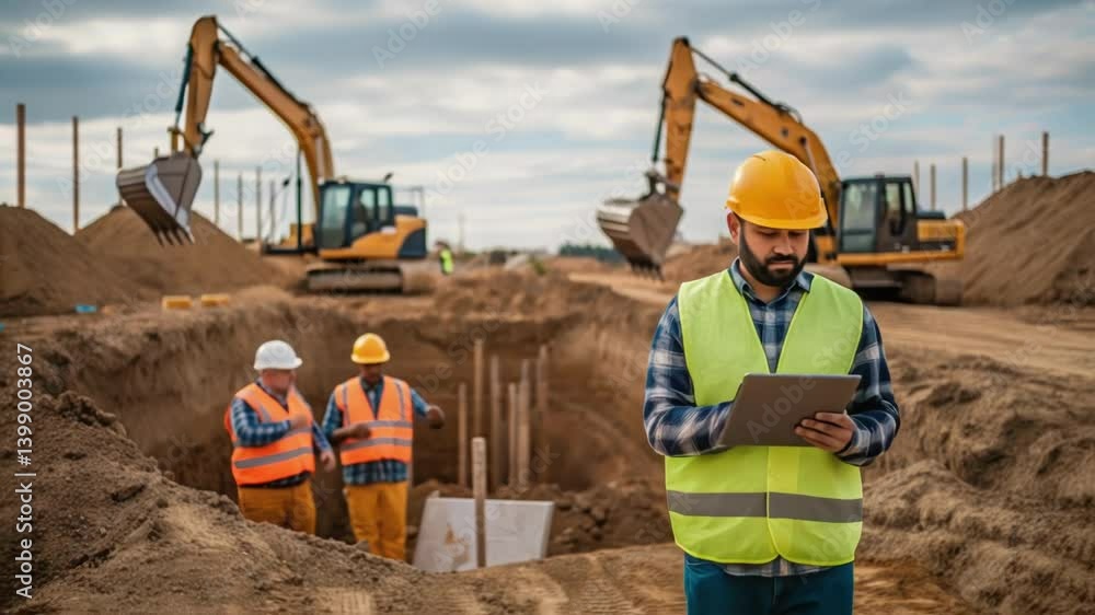 Aufkleber Workers collaborate around an excavation site with heavy machinery in the background digging deep foundations for the substation illustrating the dynamic environment of
