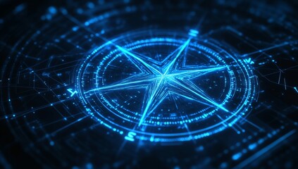 Digital compass, glowing blue lines, technology, navigation