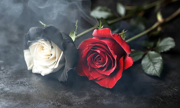 Two contrasting roses on a dark surface with smoke, symbolizing beauty and mystery