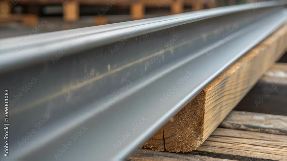 Poster a closeup image of a steel girder resting on wooden supports capturing the contrast between the cold