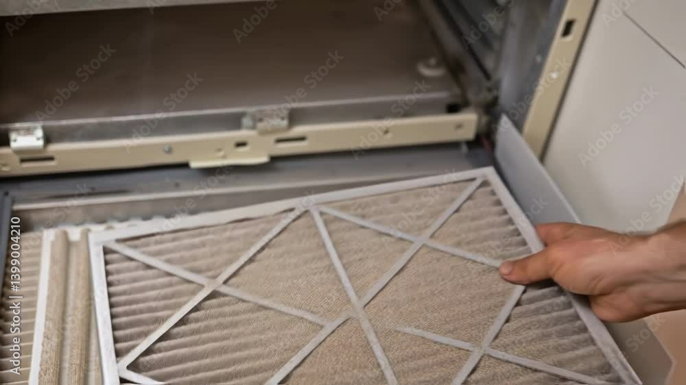 Poster A closeup image showing a technicians hands cleaning a filter in an air handling unit with dust and debris visible on the filter material.