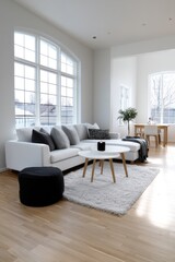 Fototapeta premium A modern Scandinavian lounge showcasing a sleek design in a light, airy environment that captures the spirit of Nordic home decor.